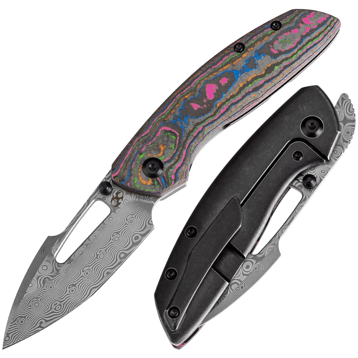 Kansept Link K1068A5 front view – 3.0" Damascus tanto harpoon folding knife