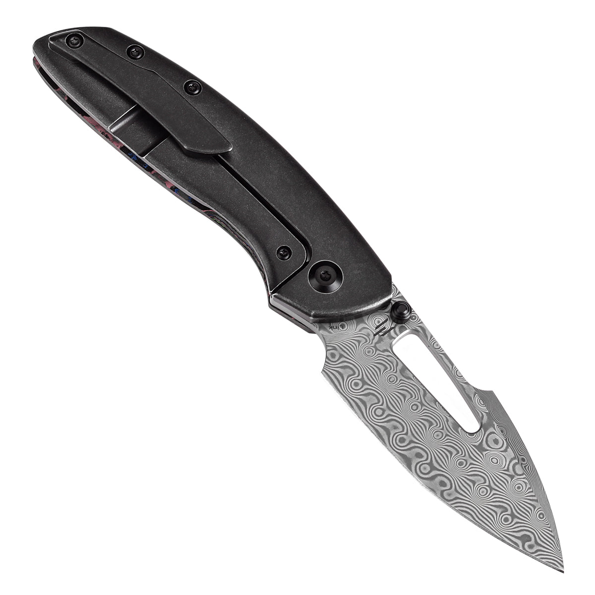 Kansept Link K1068A5 open position showing Damascus tanto harpoon blade