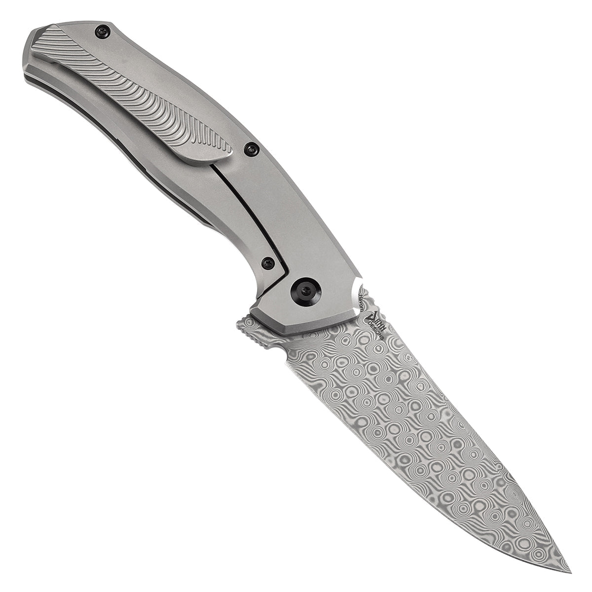 Kansept Havørn K1069A1 open position showing Damascus clip point blade
