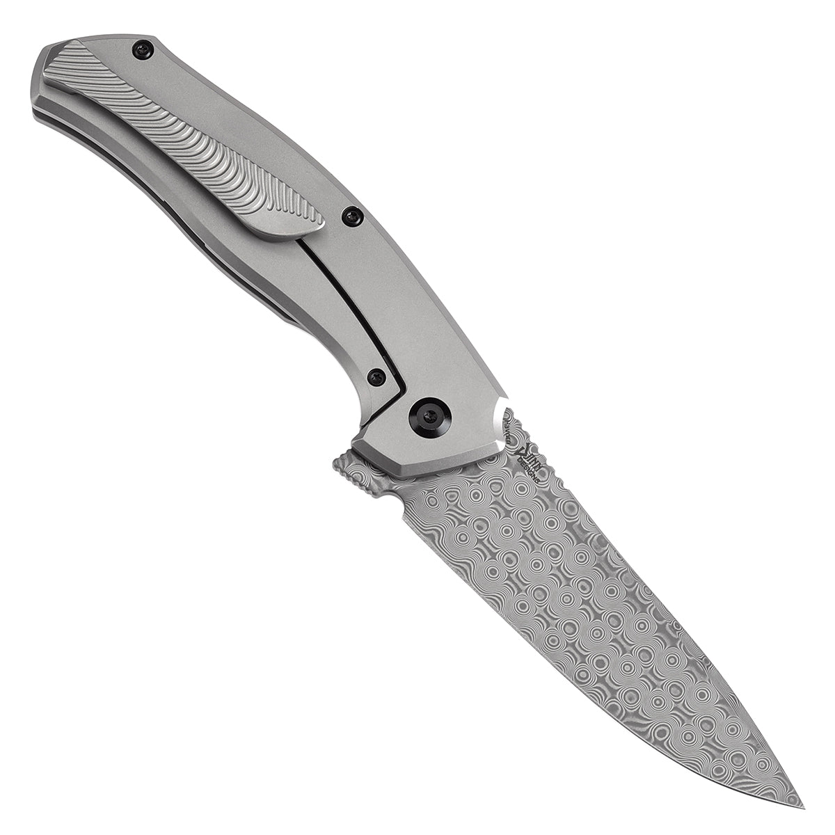 Kansept Havørn K1069A3 open position showing Damascus clip point blade