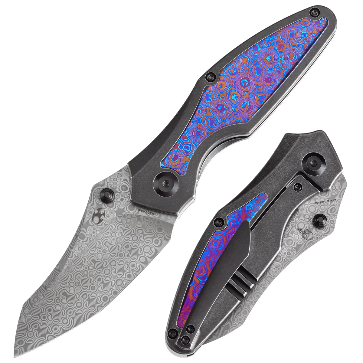 Kansept Baba Yaga K1074A8 front view – 3.06" stainless Damascus Wharncliffe folding knife
