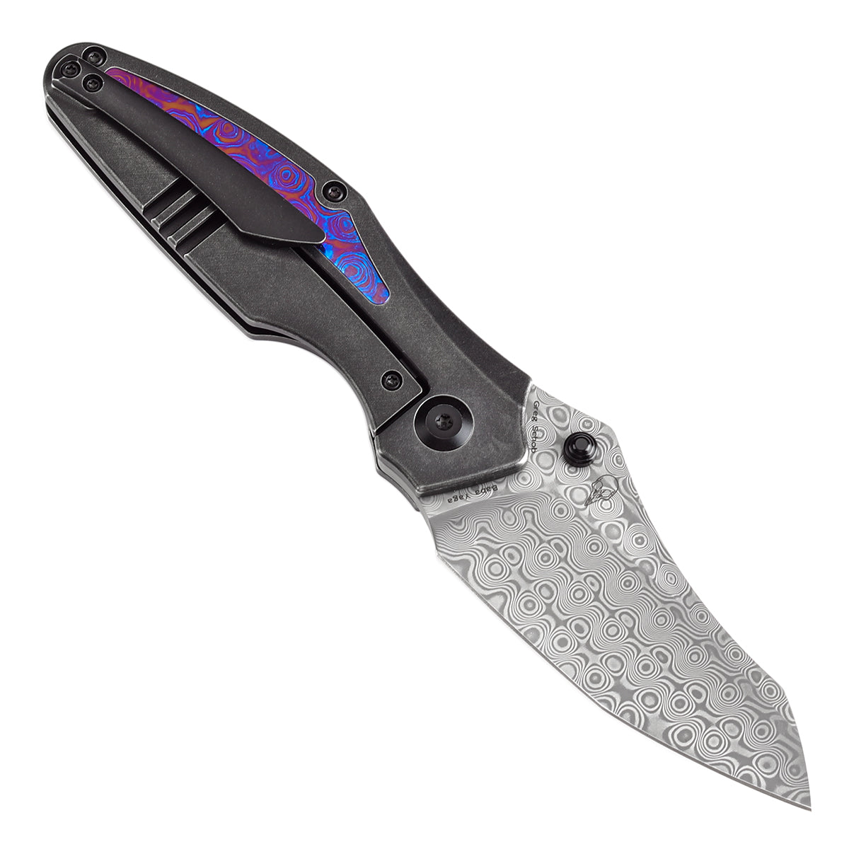Kansept Baba Yaga K1074A8 open position showing stainless Damascus Wharncliffe blade