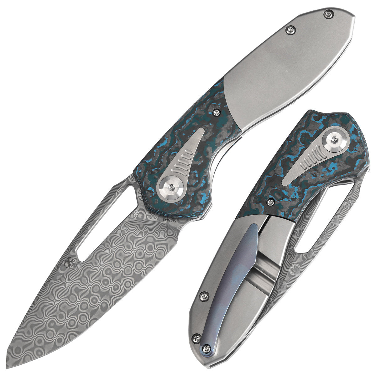 Kansept Thoth K1075A2 front view – 3.43" Damascus clip point folding knife
