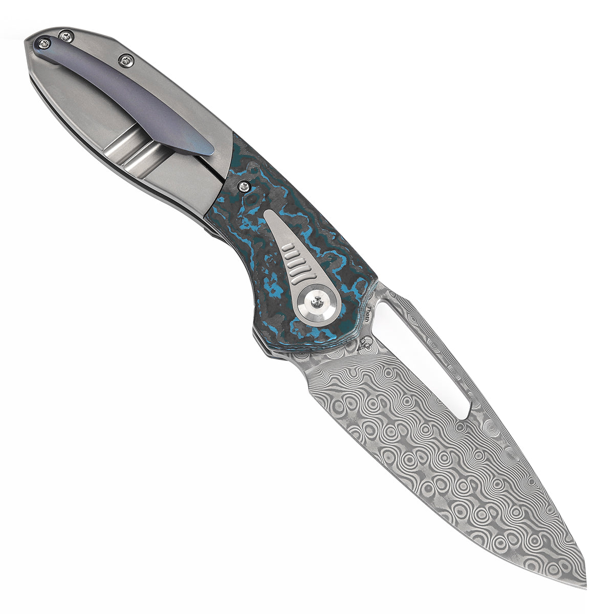 Kansept Thoth K1075A2 open position showing Damascus clip point blade