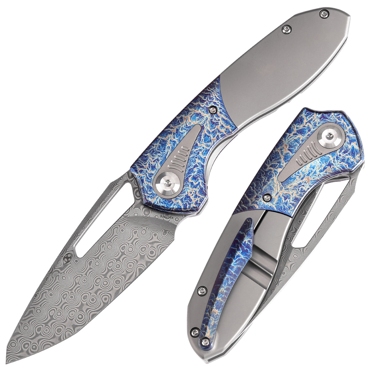 Kansept Thoth K1075T5 front view – 3.43" Damascus clip point folding knife