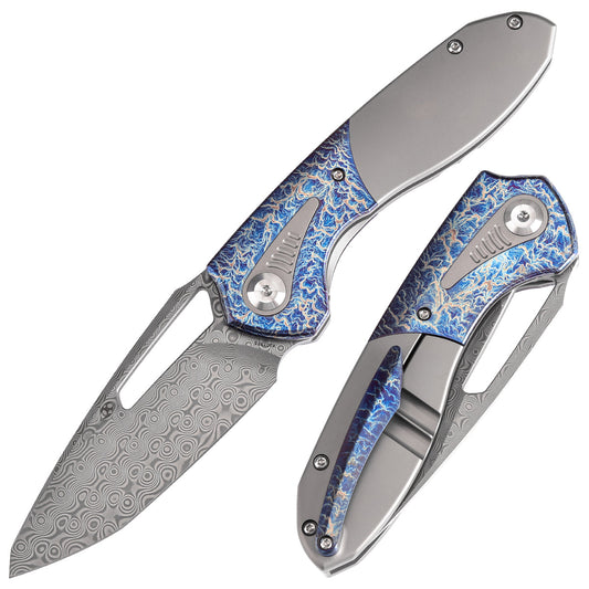 Kansept Thoth K1075T5 front view – 3.43" Damascus clip point folding knife