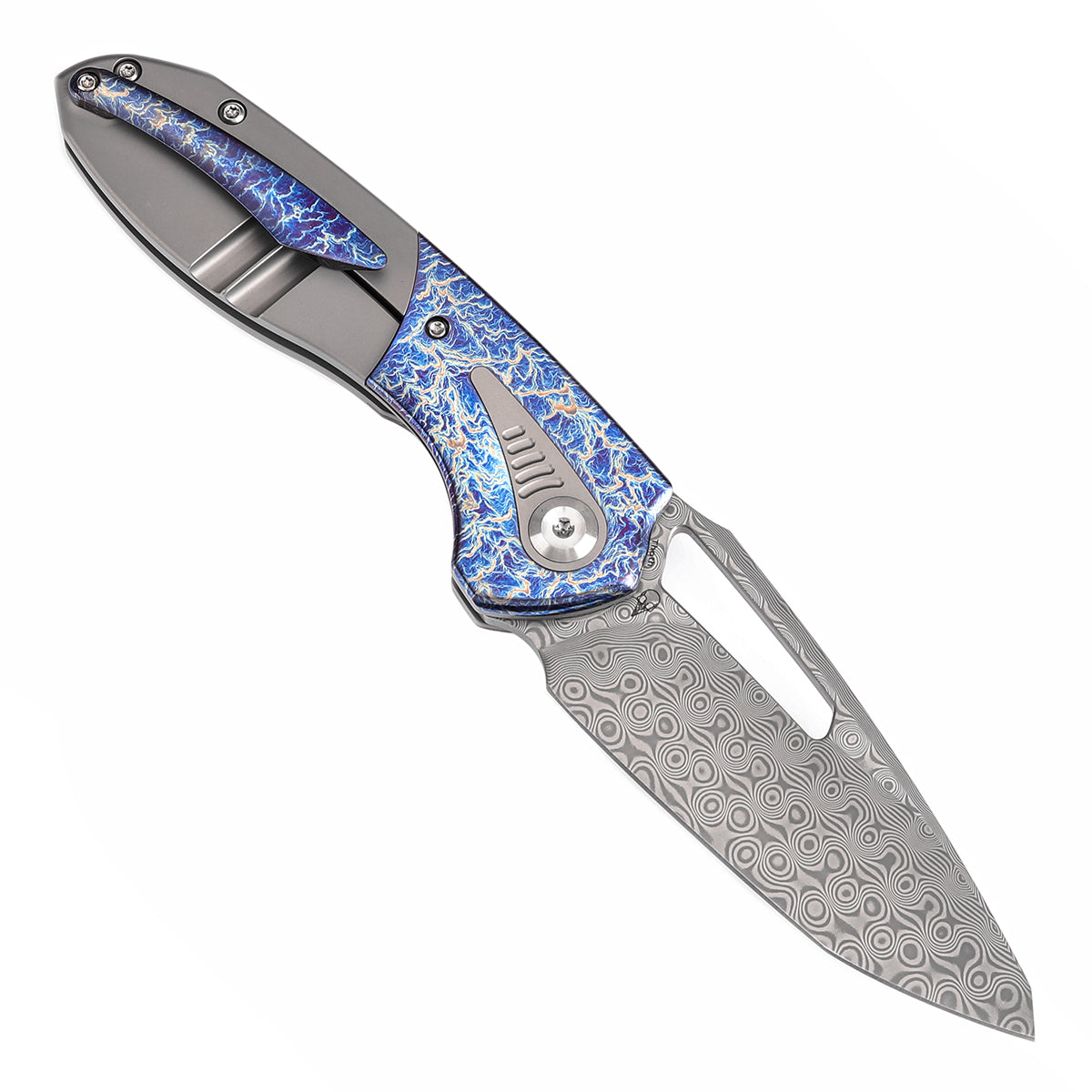 Kansept Thoth K1075T5 open position showing Damascus clip point blade