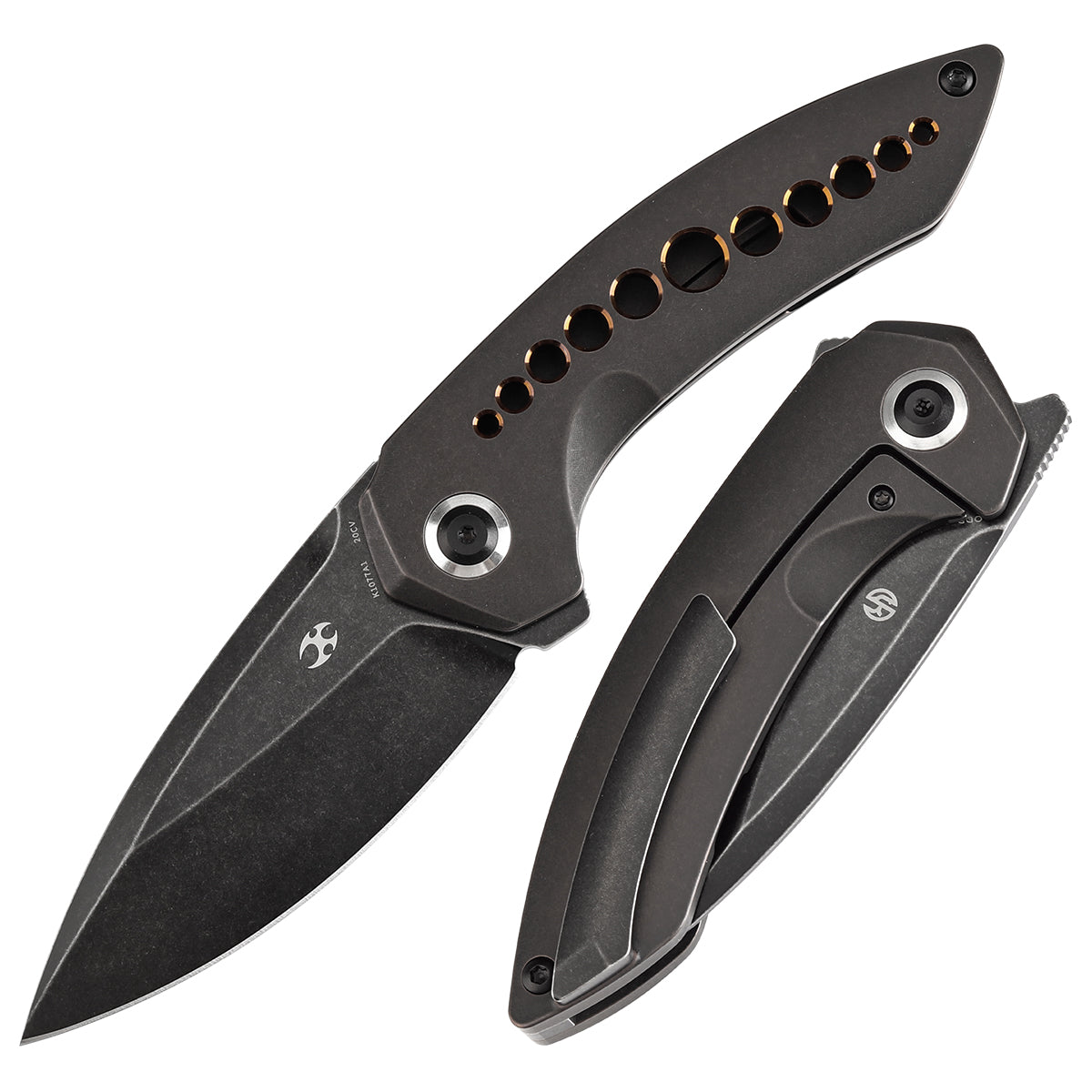 Kansept ODD 21 K1077A1 front view – 3.08" blackwash CPM 20CV drop point folding knife