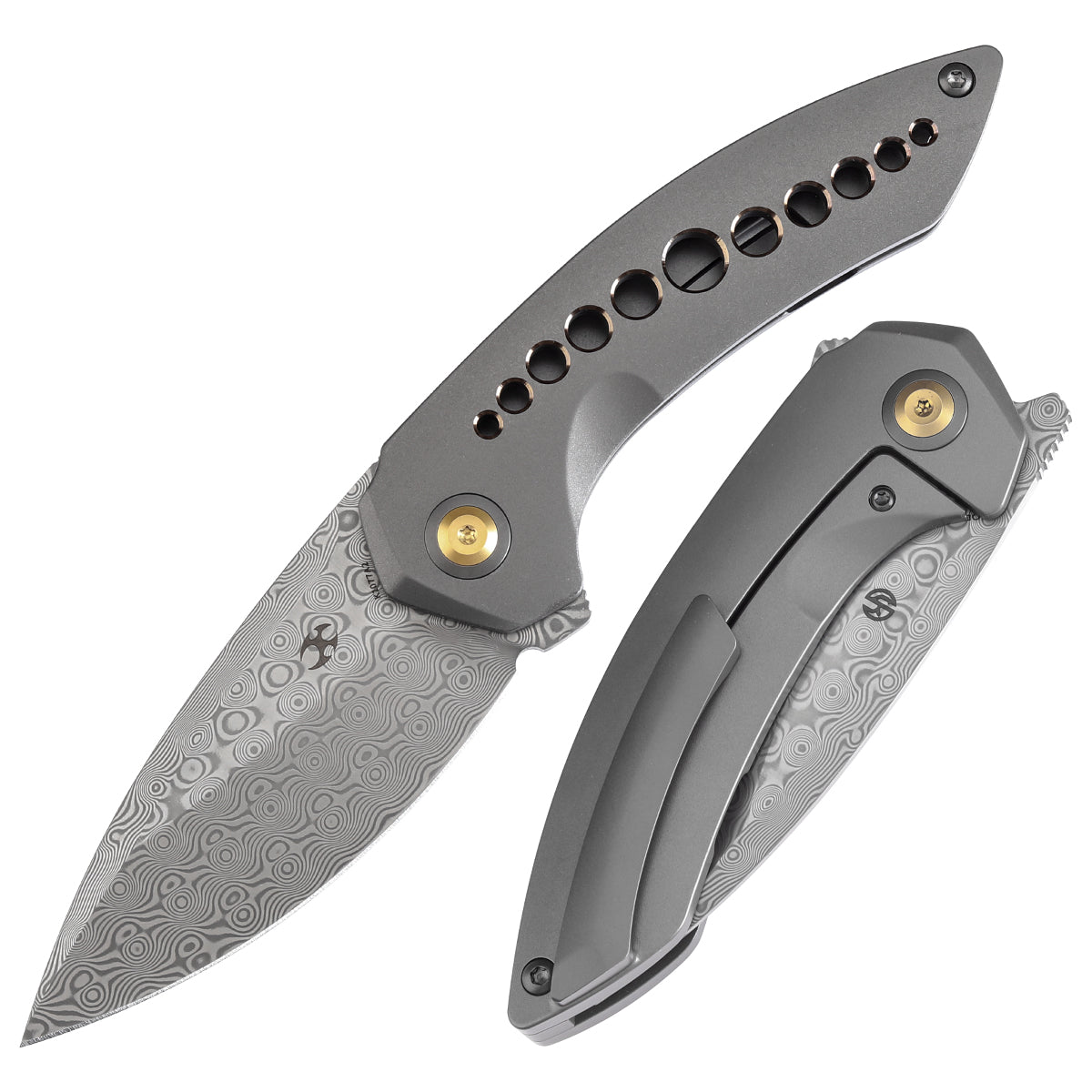 Kansept ODD 21 K1077A2 front view – 3.08" Damascus drop point folding knife