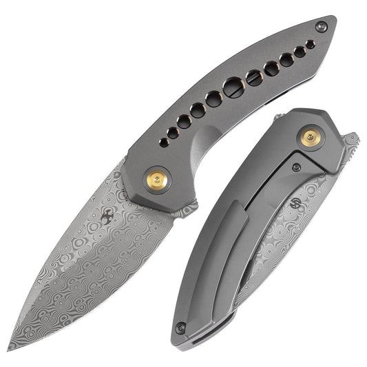 Kansept ODD 21 K1077A2 front view – 3.08" Damascus drop point folding knife