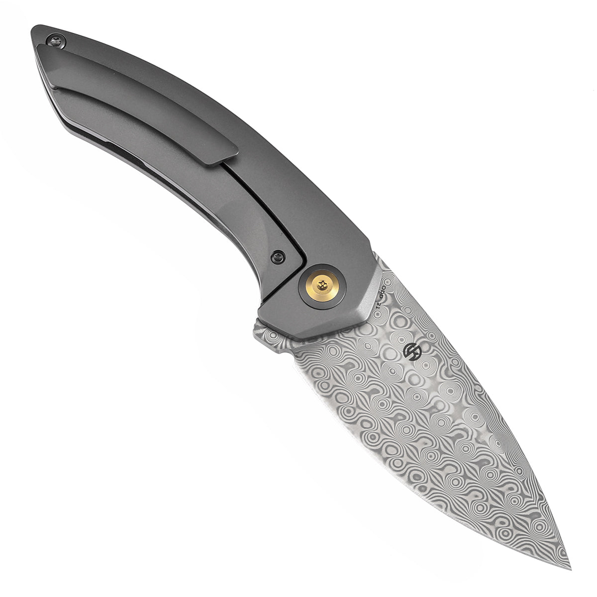 Kansept ODD 21 K1077A2 open position showing Damascus drop point blade