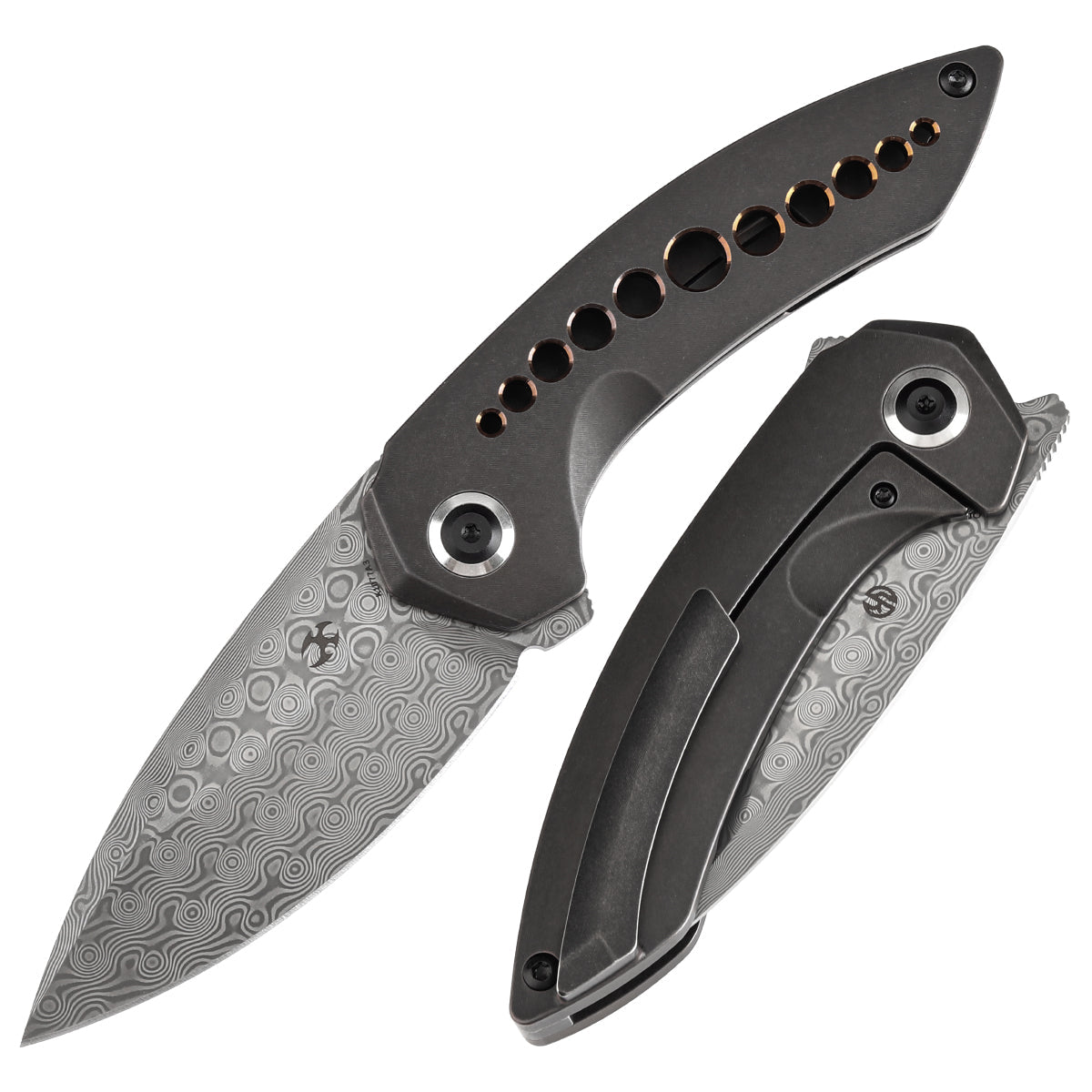 Kansept ODD 21 K1077A3 front view – 3.08" Damascus drop point folding knife