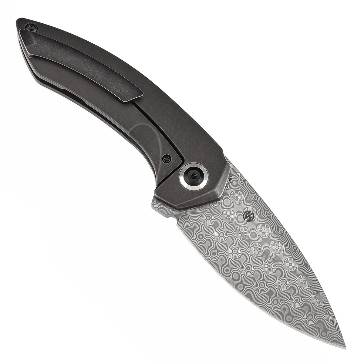 Kansept ODD 21 K1077A3 open position showing Damascus drop point blade