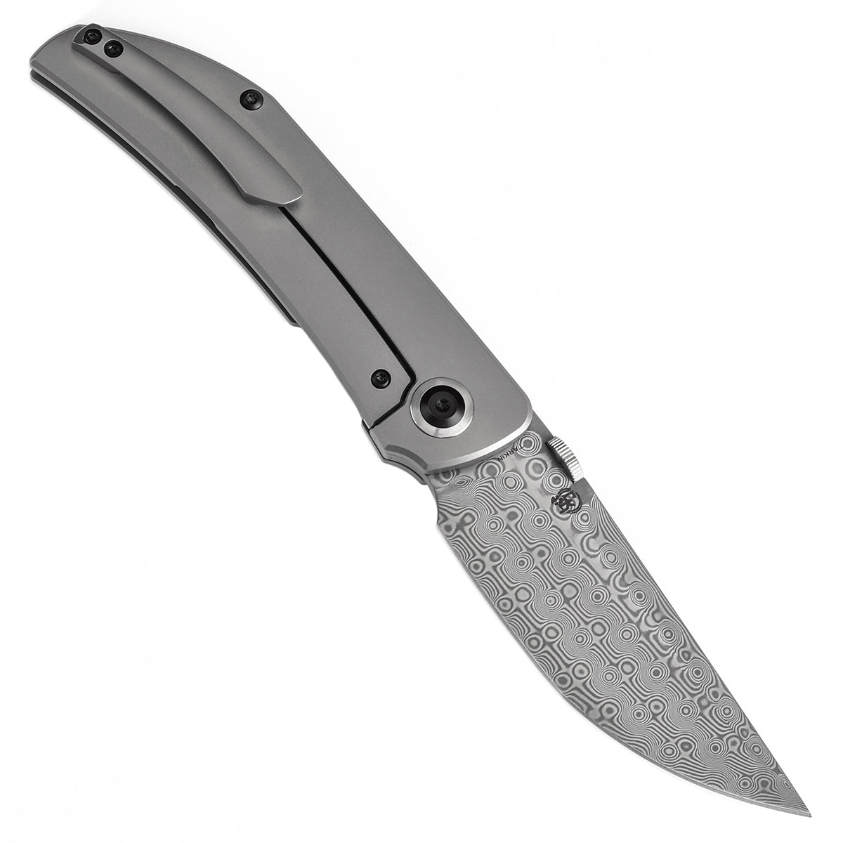 Kansept Tarkin K1078A4 open position showing Damascus tanto blade
