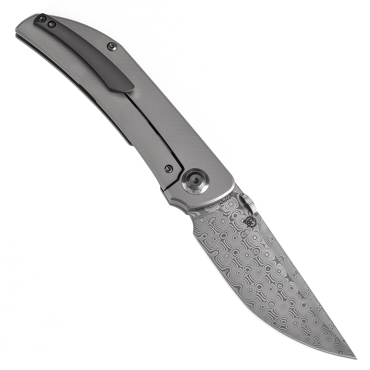 Kansept Tarkin K1078A5 open position showing Damascus tanto blade