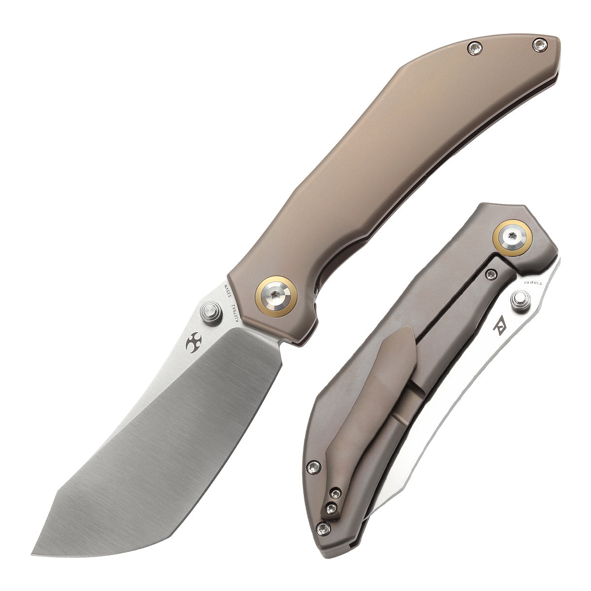 Kansept Tipper K1079A2 front view – 3.38" satin CPM S35VN Wharncliffe folding knife