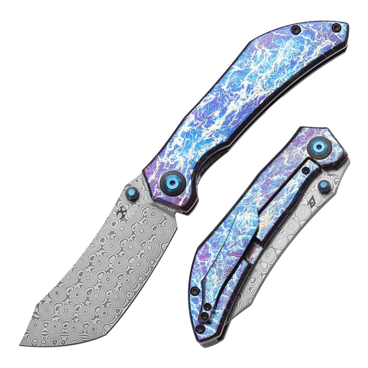 Kansept Tipper K1079A3 front view – 3.38" Damascus Wharncliffe folding knife