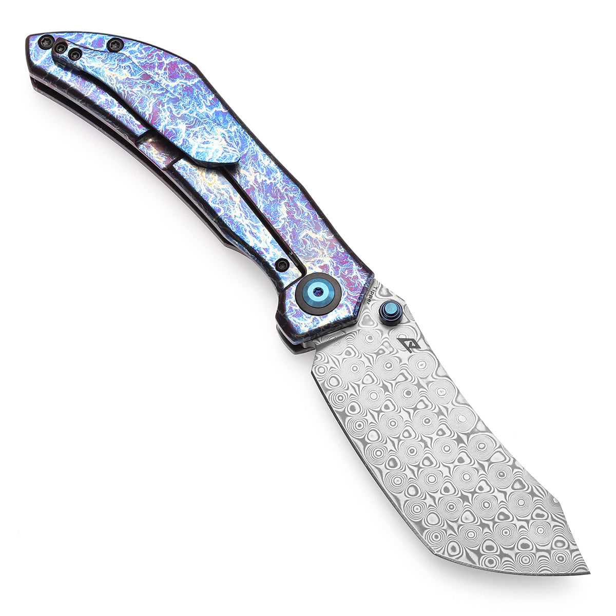 Kansept Tipper K1079A3 open position showing Damascus Wharncliffe blade