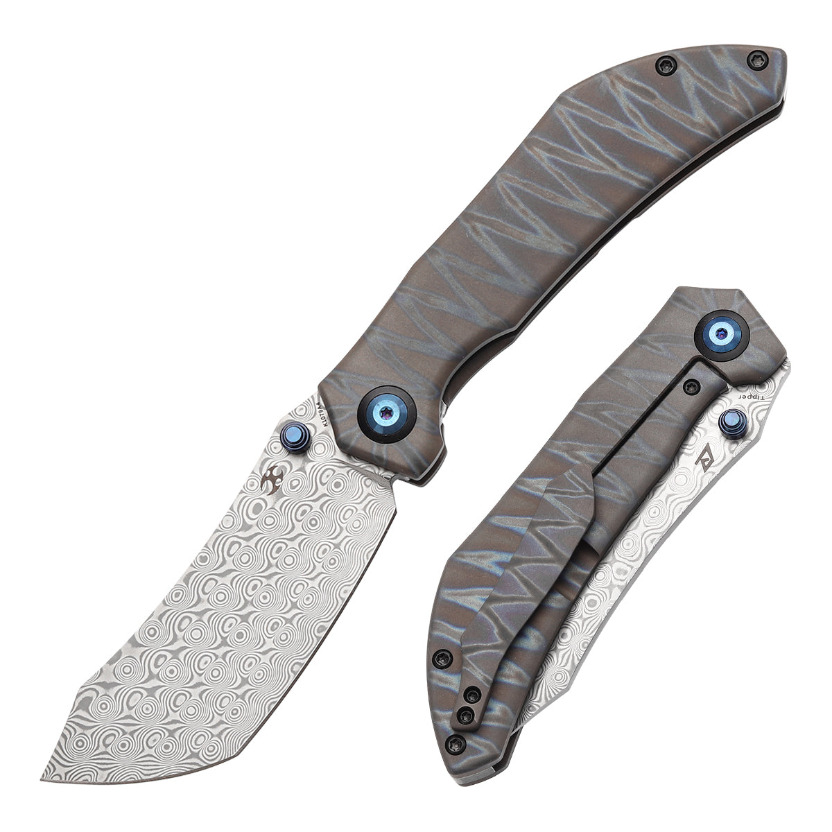Kansept Tipper K1079A4 front view – 3.38" Damascus Wharncliffe folding knife