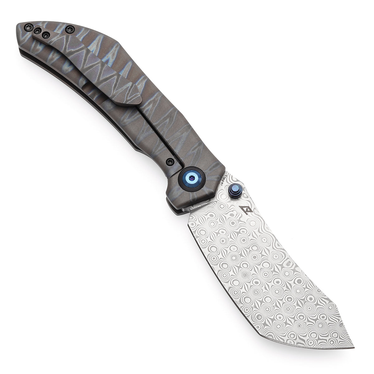 Kansept Tipper K1079A4 open position showing Damascus Wharncliffe blade