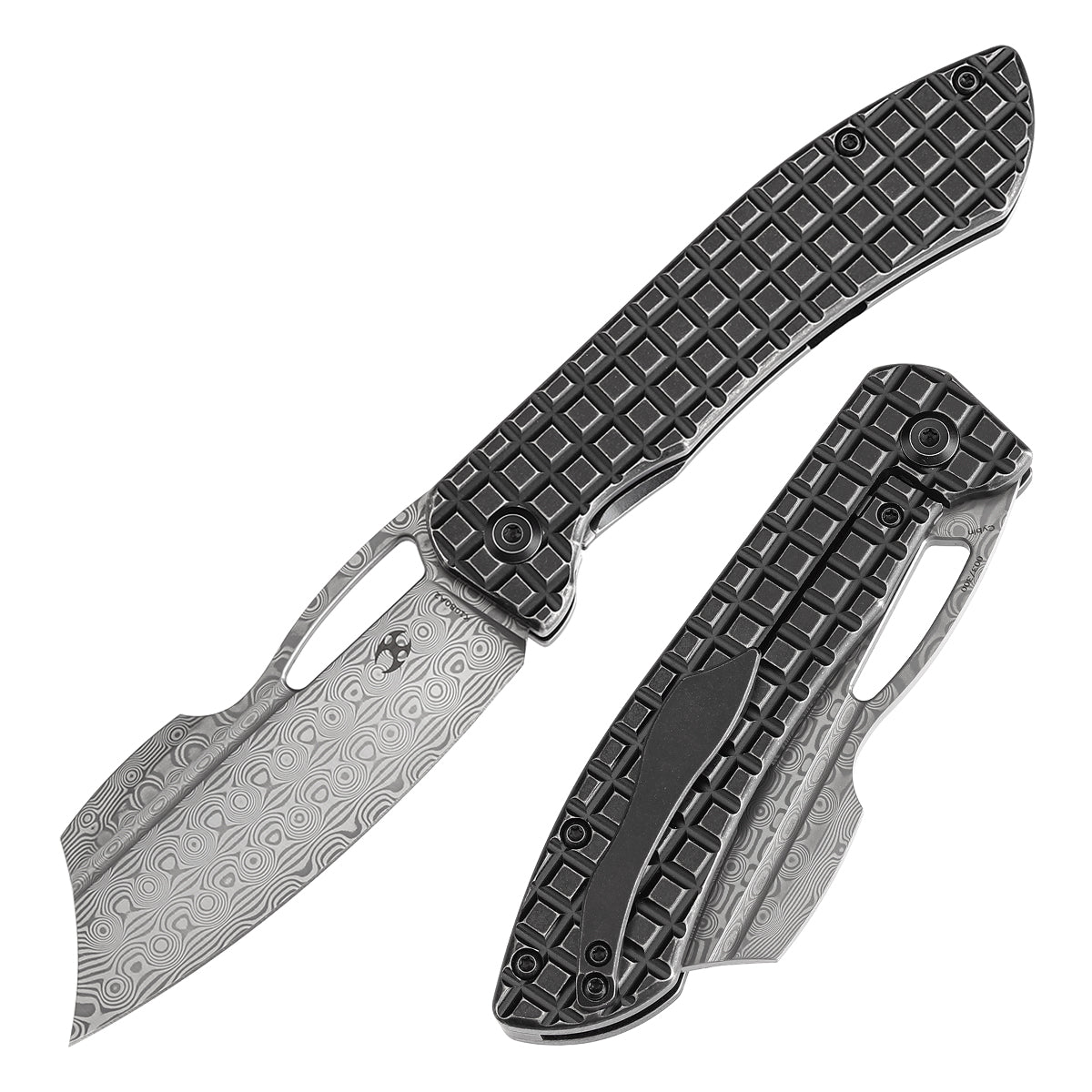 Kansept Cybin K1080A2 front view - 3.29" Damascus folding knife