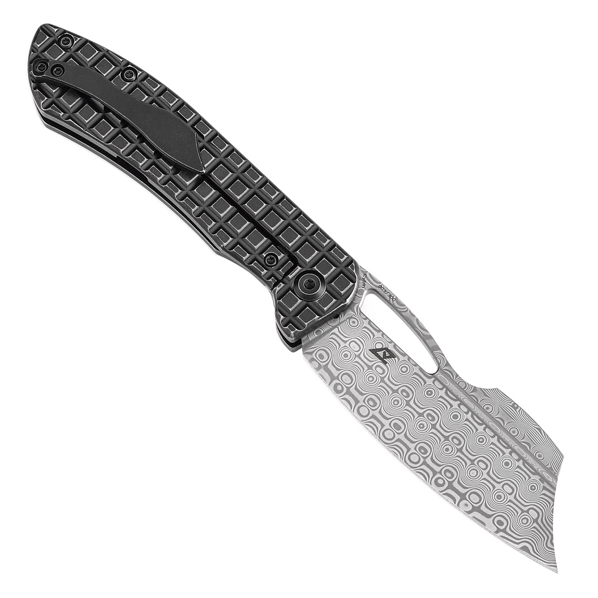Kansept Cybin K1080A2 open position showing Damascus blade