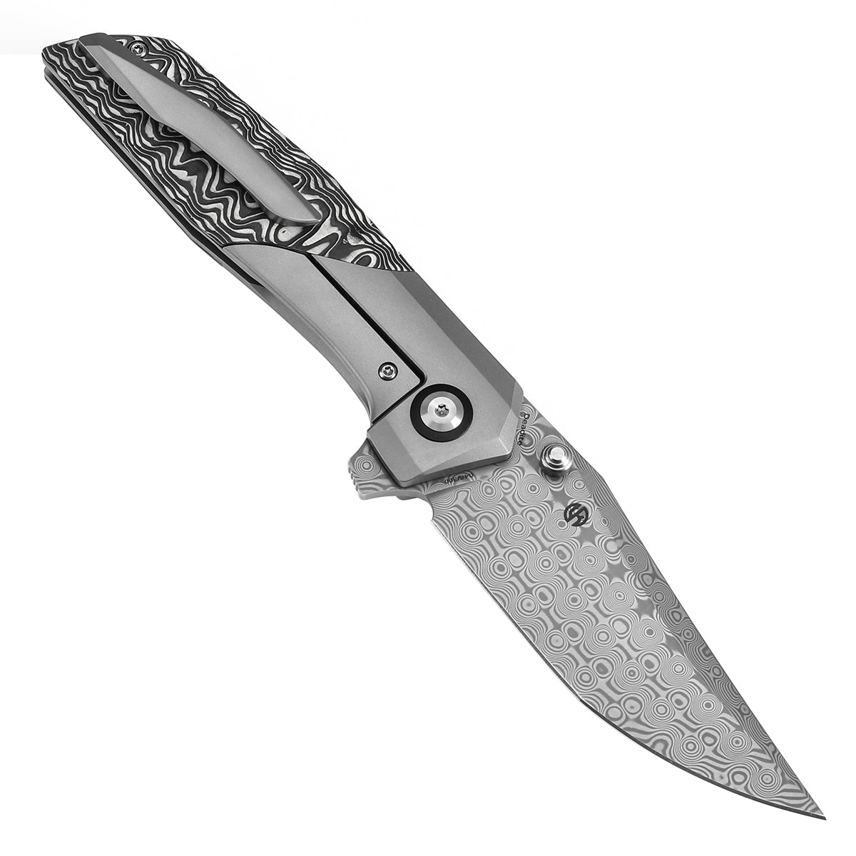 Kansept Deadite K1081A1 open position showing Damascus clip point blade