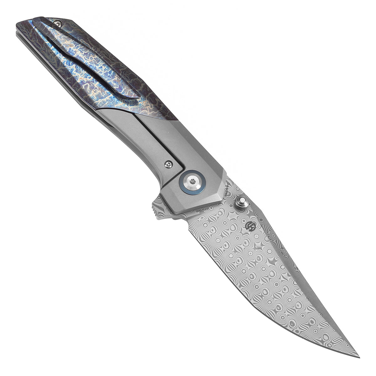 Kansept Deadite K1081A2 open position showing Damascus clip point blade