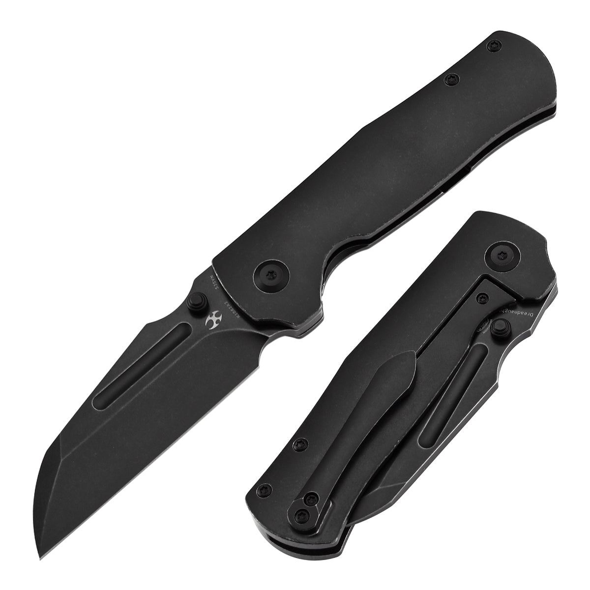 Kansept Dreadnaught K1082A2 front view – 3.49" blackwash CPM S35VN cleaver folding knife