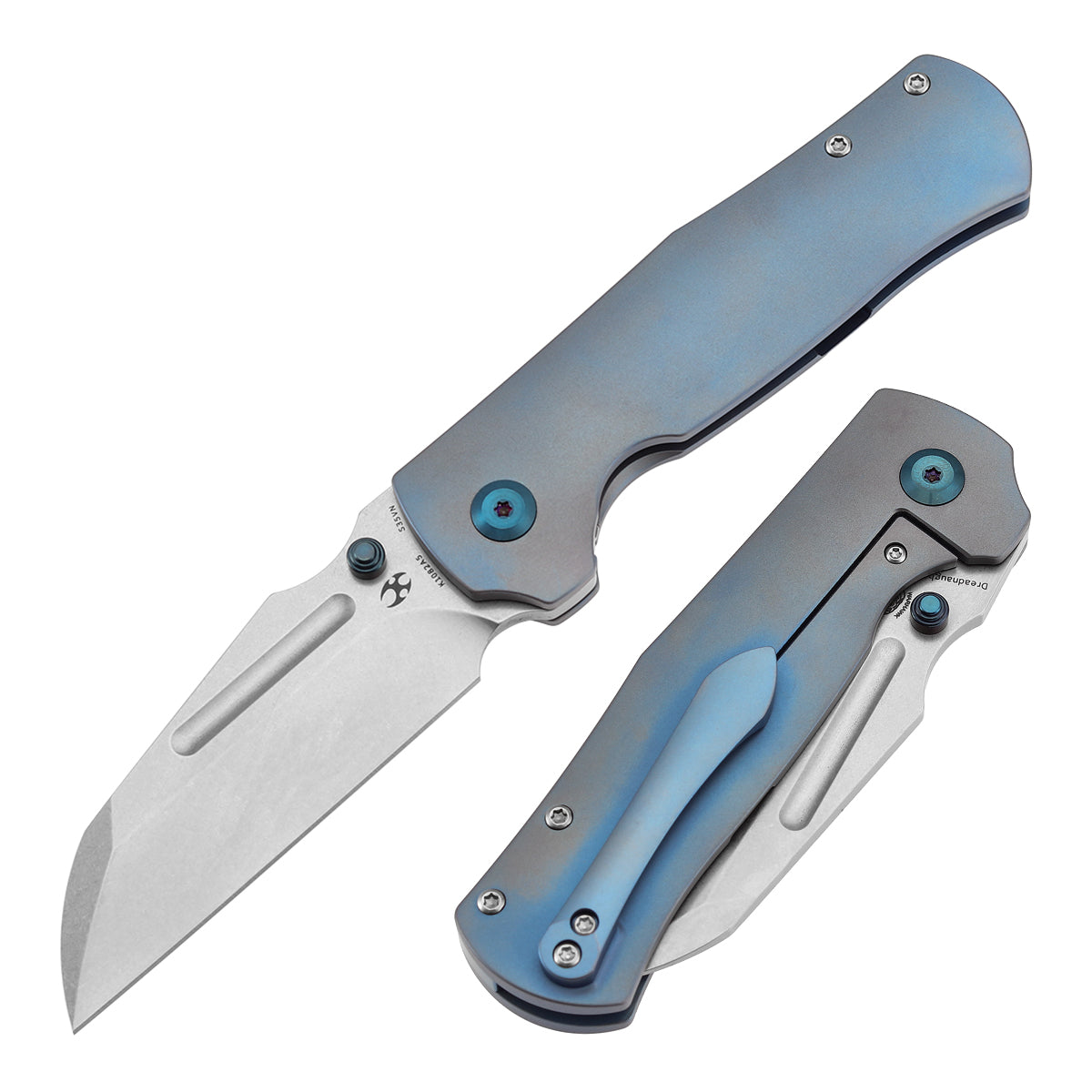 Kansept Knives Dreadnaught K1082A5 front view – 3.49" stonewashed CPM S35VN cleaver folding knife