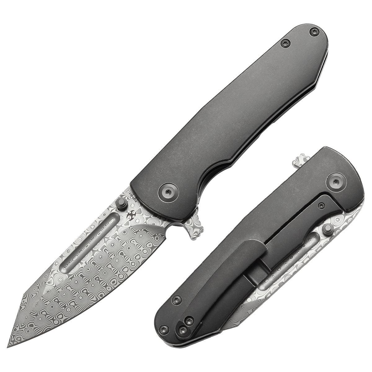 Kansept Superhawk K1084A3 front view - 3.89" Damascus Wharncliffe folding knife