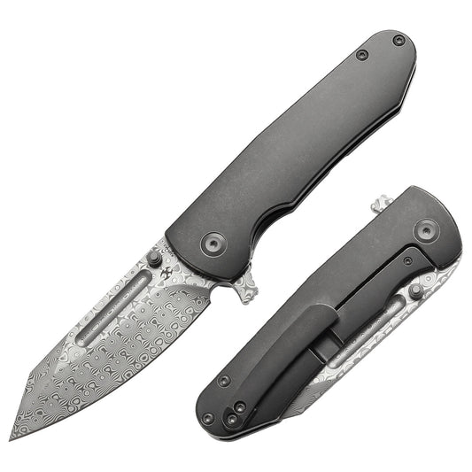 Kansept Superhawk K1084A3 front view - 3.89" Damascus Wharncliffe folding knife