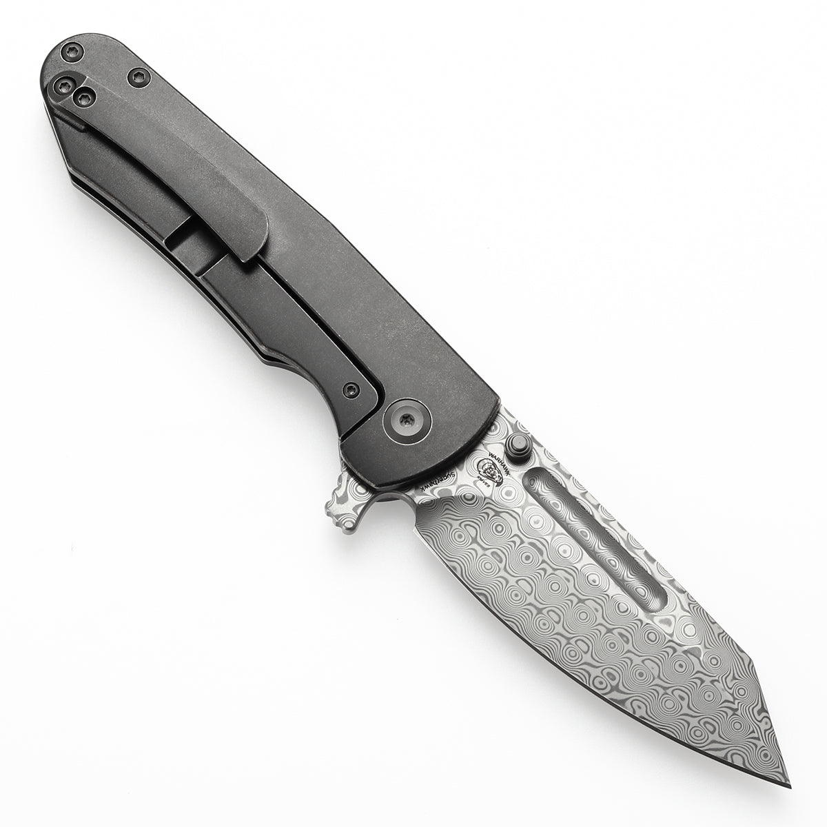 Kansept Superhawk K1084A3 open position showing Damascus Wharncliffe blade