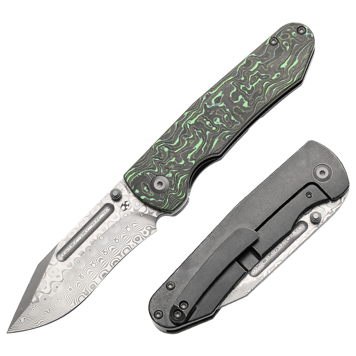 Kansept Superhawk K1084B3 front view – 3.89" Damascus Wharncliffe folding knife