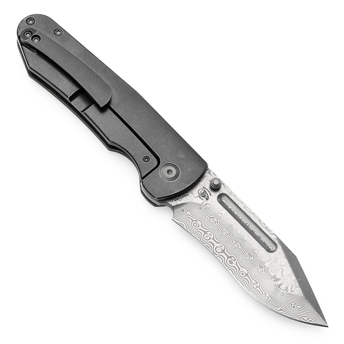 Kansept Superhawk K1084B3 open position showing Damascus Wharncliffe blade