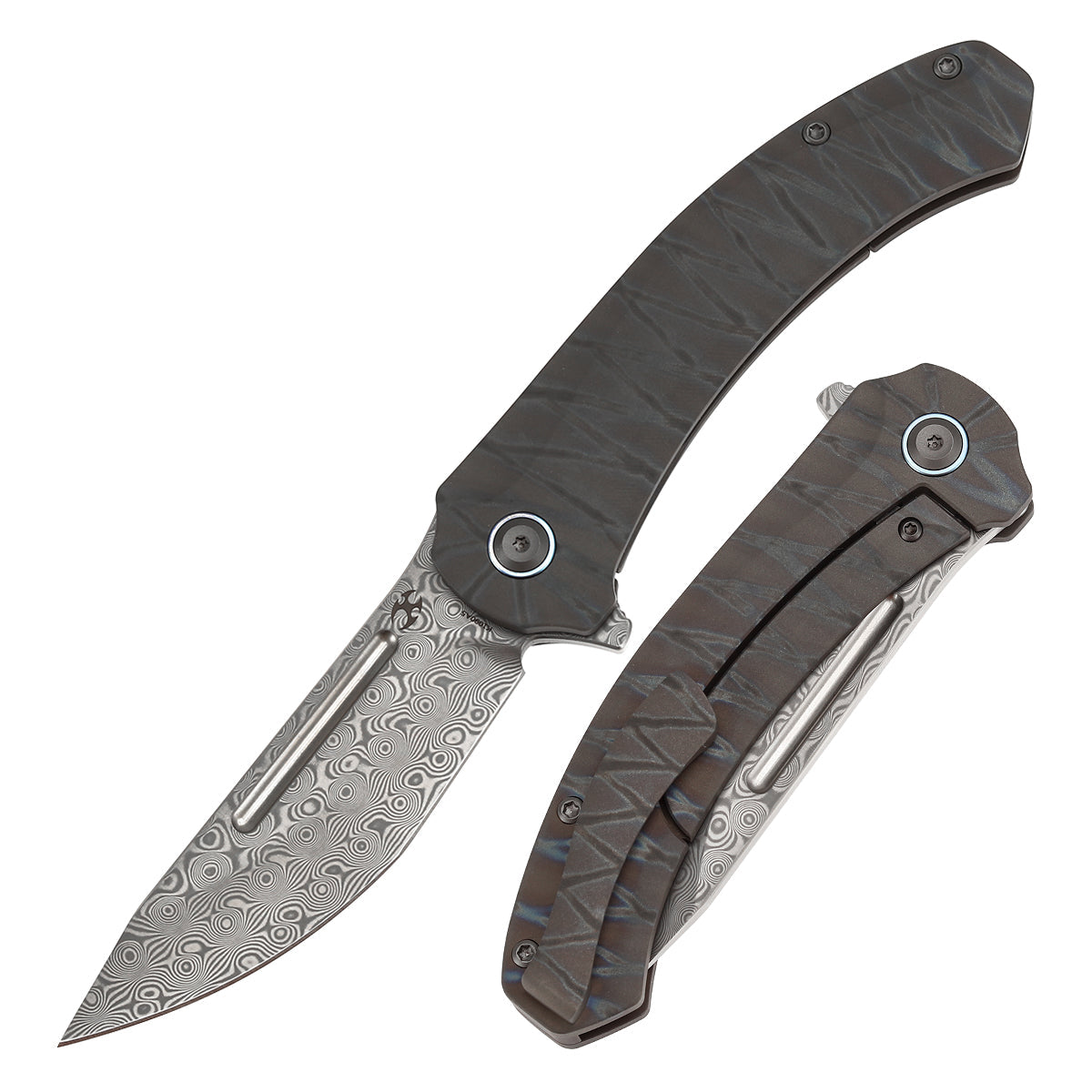 Kansept Hira K1090A5 front view – 3.46" blackwash Damascus tanto folding knife