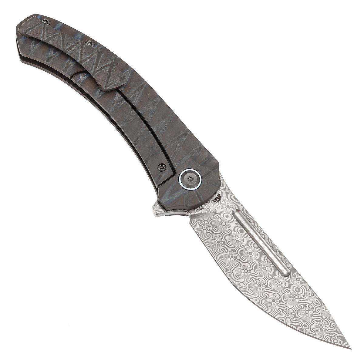Kansept Hira K1090A5 open position showing Damascus tanto blade