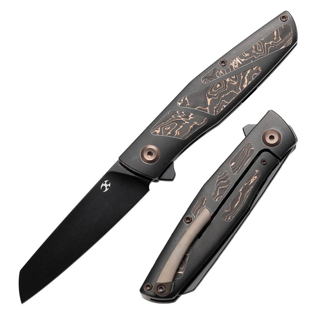 Kansept Cru K1092A1 front view – 3.46" Black TiCn CPM-S35VN Wharncliffe folding knife