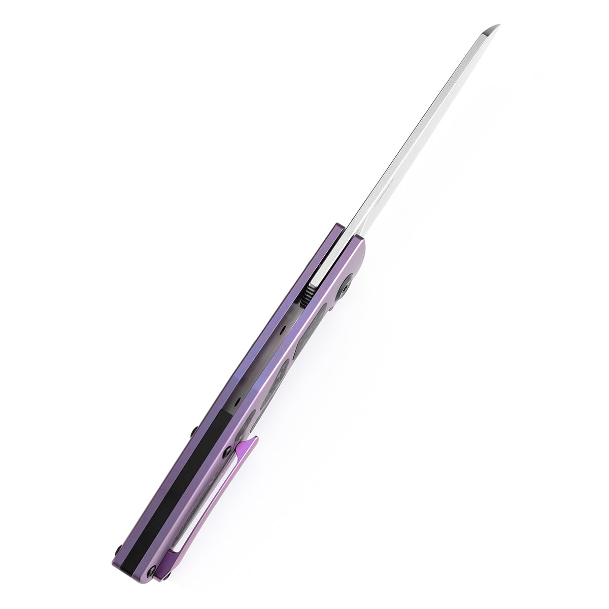 Kansept Cru K1092A2 purple anodized titanium and shred carbon fiber handle scales
