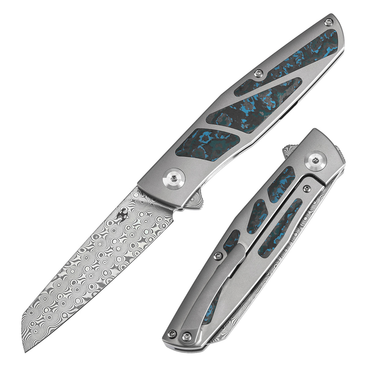 Kansept Cru K1092A3 front view – 3.46" Damascus Wharncliffe folding knife