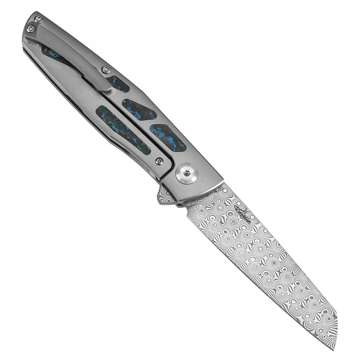 Kansept Cru K1092A3 open position showing Damascus Wharncliffe blade