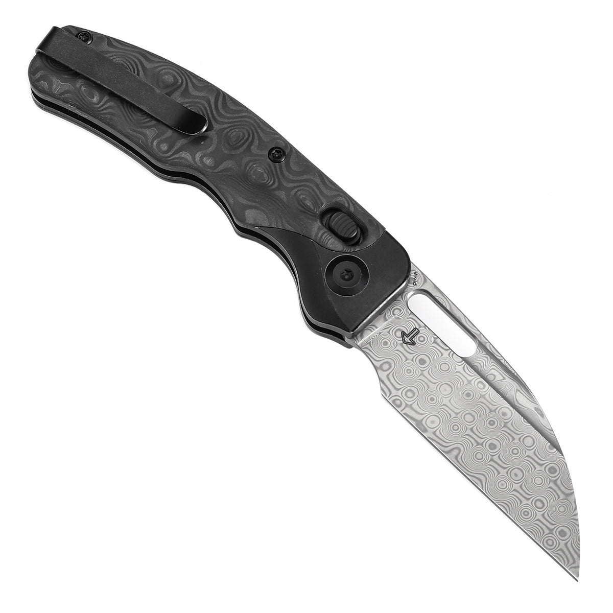 Kansept Vivid K1094V1 open position showing Damascus Wharncliffe blade