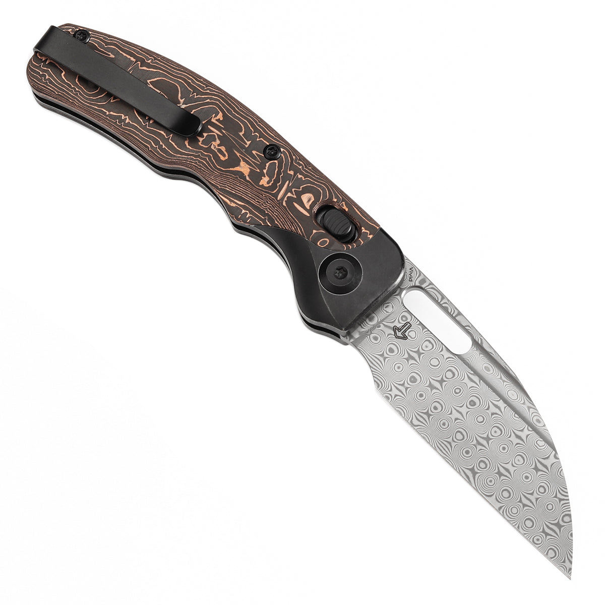Kansept Vivid K1094V2 open position showing Damascus Wharncliffe blade