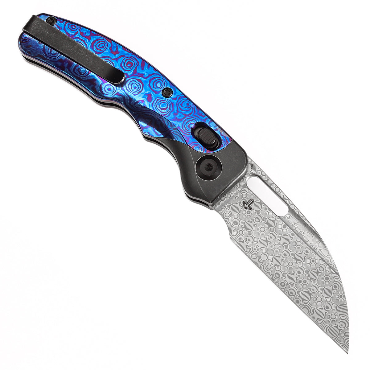 Kansept Vivid K1094V5 open position showing Damascus Wharncliffe blade