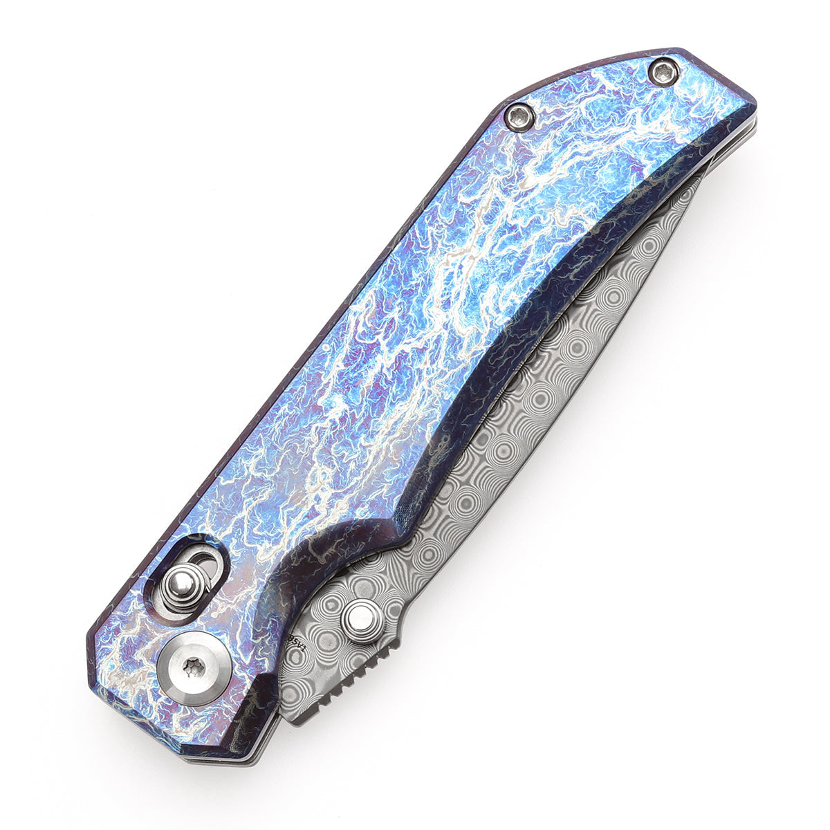 Kansept Eaglestrike K1095V1 blade detail – Damascus Wharncliffe