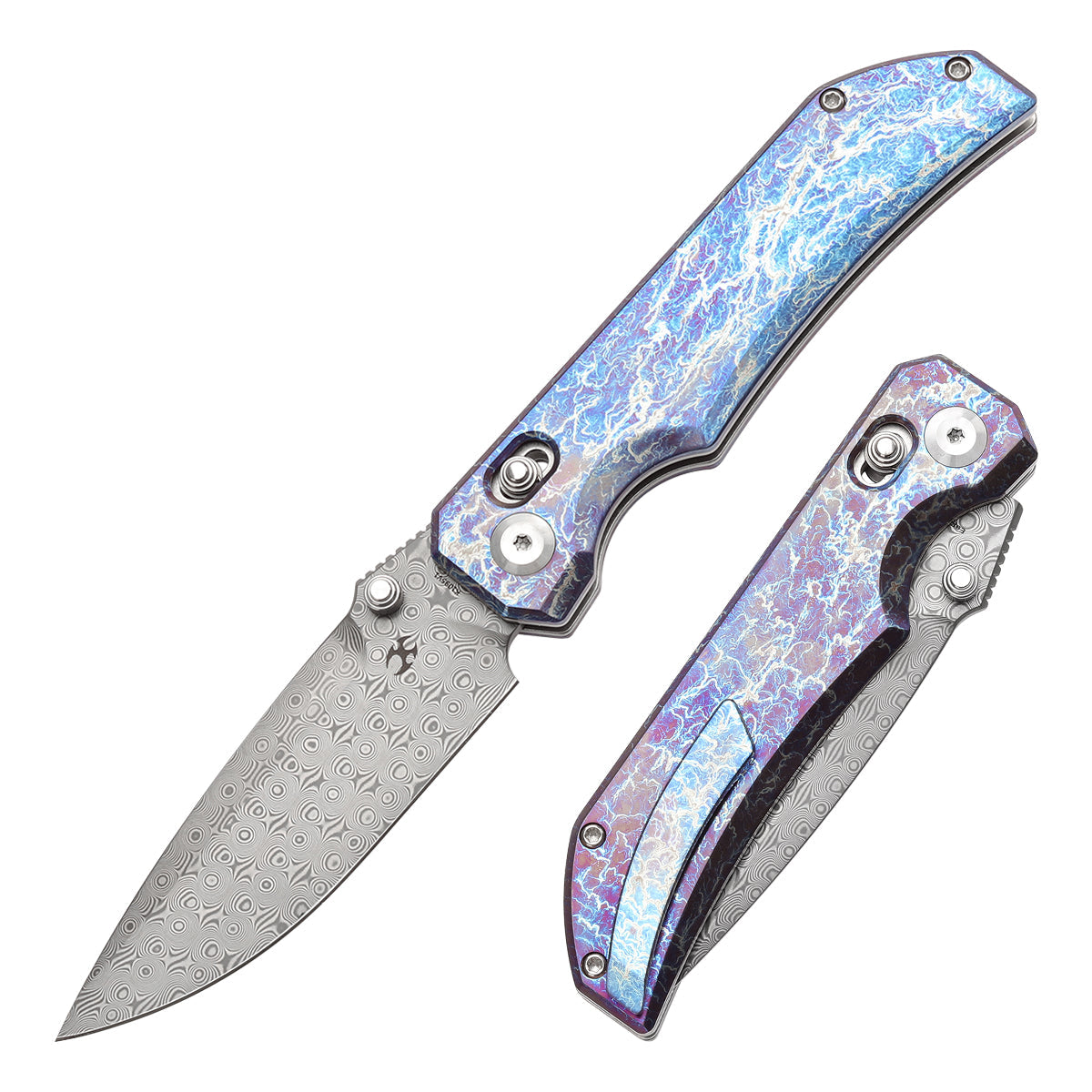 Kansept Eaglestrike K1095V1 front view – 3.73" Damascus Wharncliffe folding knife