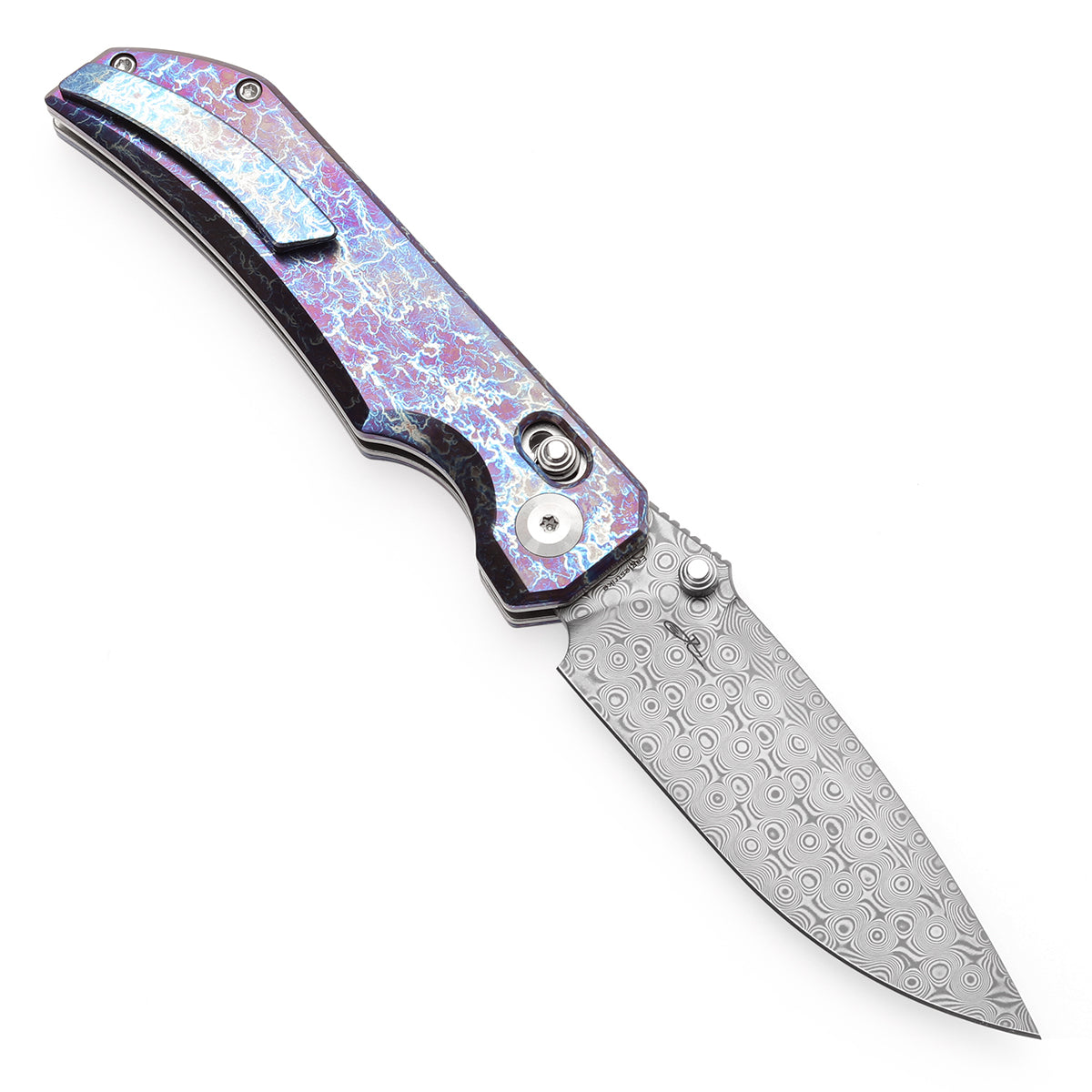 Kansept Eaglestrike K1095V1 open position showing Damascus Wharncliffe blade