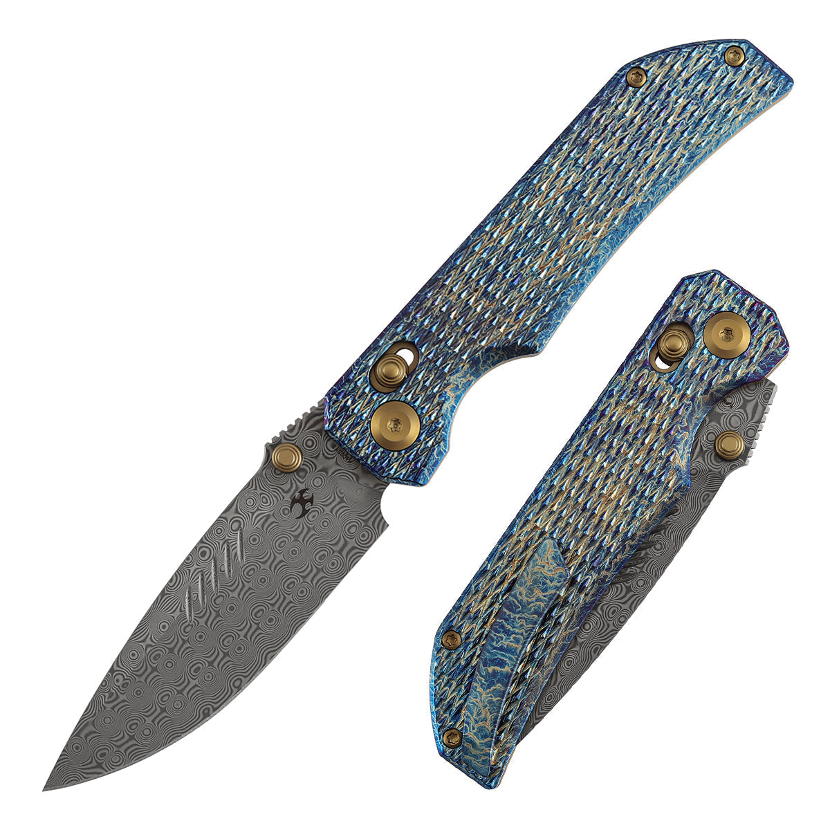 Kansept Eaglestrike K1095V5 front view – 3.73" Damascus drop point folding knife
