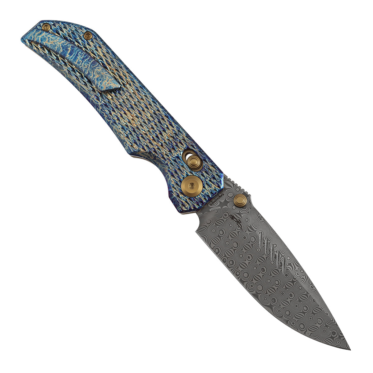Kansept Eaglestrike K1095V5 open position showing Damascus drop point blade