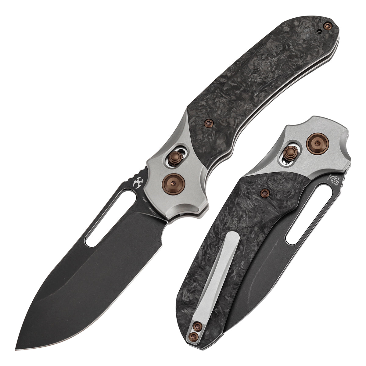 Kansept Quasar K1099V1 front view – 3.38" blackwash CPM 20CV drop point folding knife